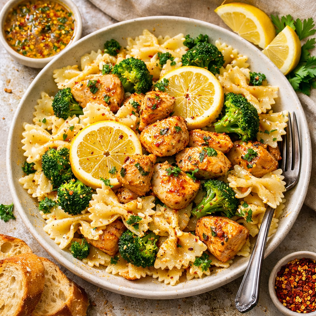 Zesty Cowboy Butter Chicken: Lemon Bowtie Pasta & Broccoli