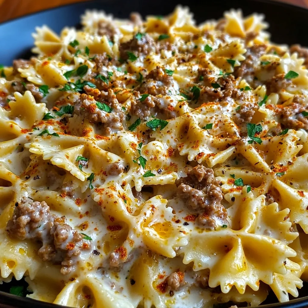 Cajun Cream Cheese Alfredo Bowties with Spiced Ground Beef