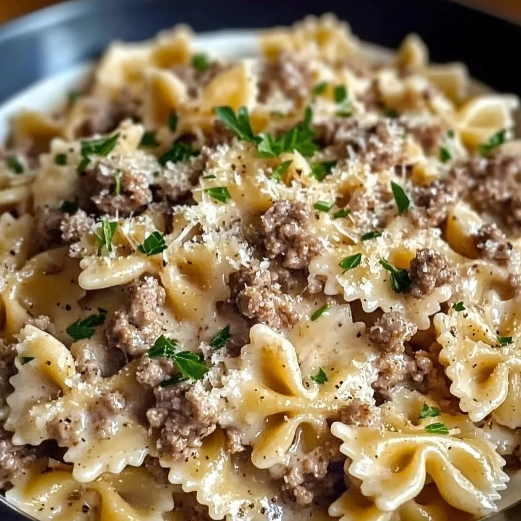 Creamy Parmesan Garlic Beef Bowtie Pasta