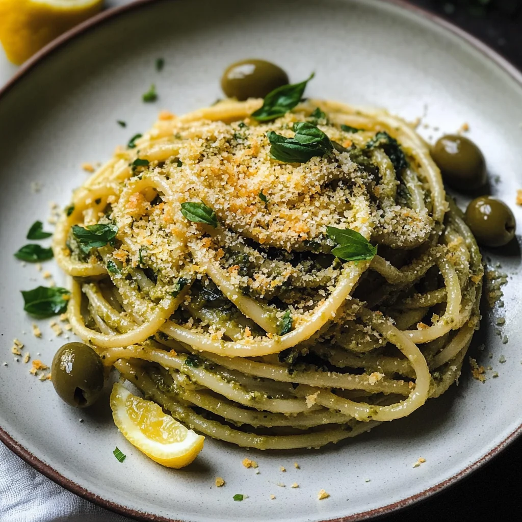 Green Olive Pasta with Toasted Lemon Breadcrumbs