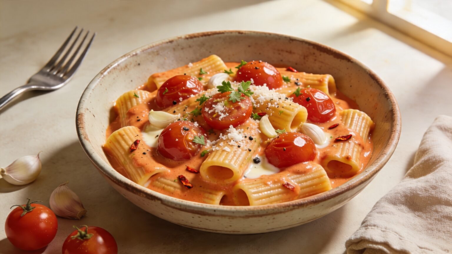 Creamy Tomato Garlic Rigatoni Pasta Recipe