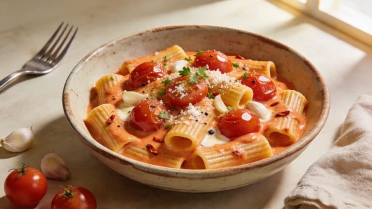 Creamy Tomato Garlic Rigatoni Pasta Recipe